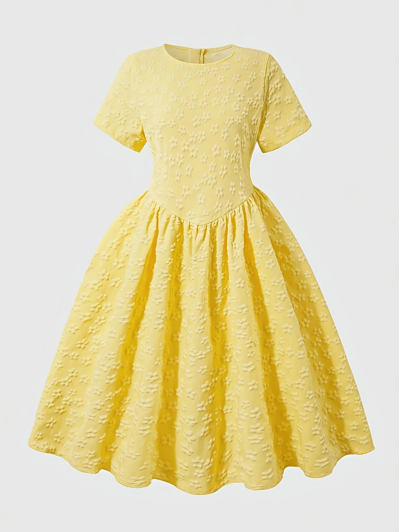 Breathable Kids Girls Single Piece Dress, Solid Yellow 3D Floral Texture Round Neck Short Sleeve Flowy Dress for Holiday Daily L view 3