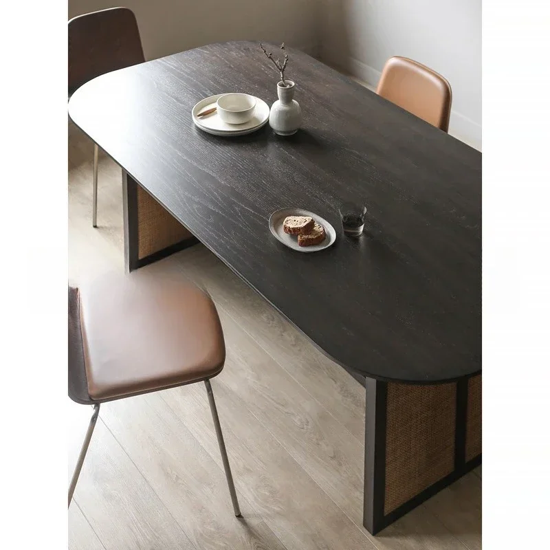 Solid wood dining table Small apartment retro style rattan dining table Home creative restaurant hotel
