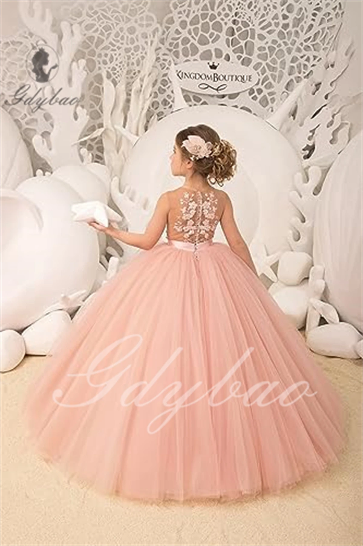 Champagne Tulle Applique Flower Girl Dress For Wedding Floor Length Puffy Kids Birthday First comunione Princess Ball Gowns