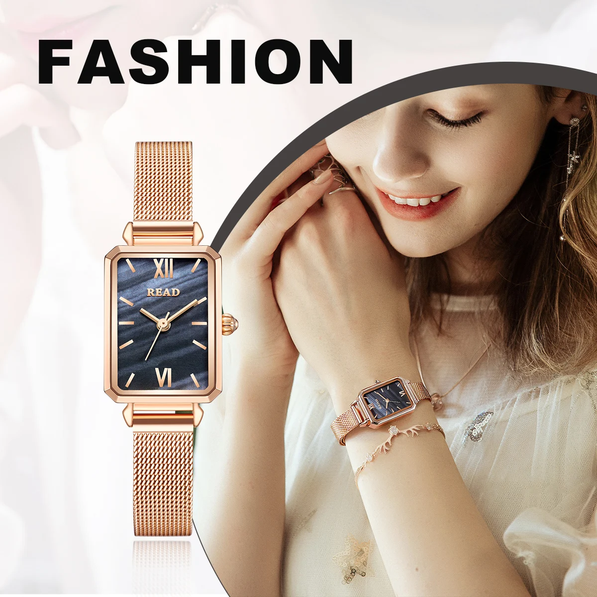 Ladies Analog Dress Watch | Vintage Square Case | Black Marble‑Style Dial | Rose‑Tone Mesh Band | Daily Water Resistant Watch