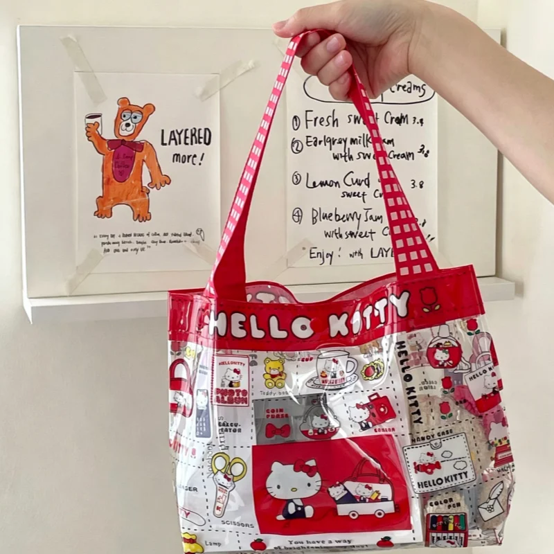 20Cm Sanrio Hello Kitty Pvc Material Waterproof Transparent Handbag Snap Button Design Wear-Resistant Shopping Bag Birthday Gift