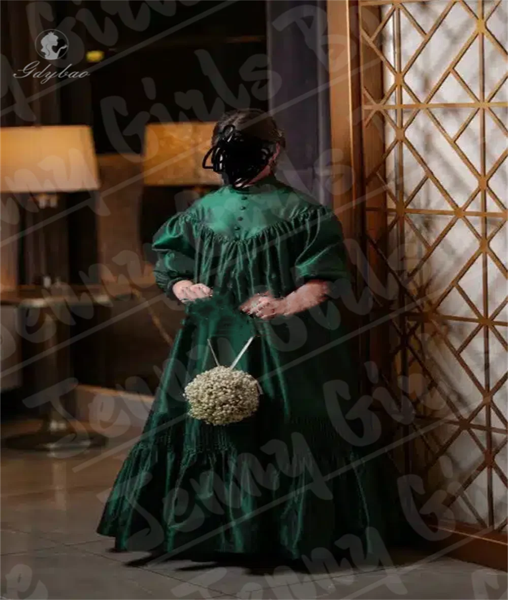 

Elegant Emerald Beautiful Flower Girl Dress Buttons Puff Sleeves For Wedding Prom Party Custom Banquet Dress