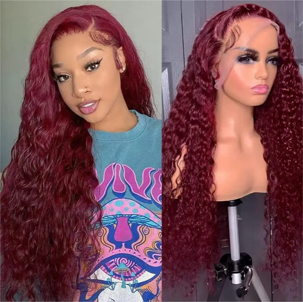 

Burgundy 13x6 hd lace frontal human hair wig 30 40 Inch 99J Burgundy Deep Wave 13x4 Frontal Red Curly Wigs Remy For Women choice