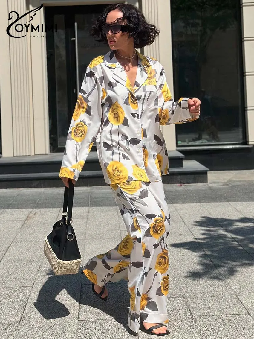 

Oymimi повседневные желтые комплекты из двух предметов с принтом, женские модные однобортные рубашки с длинными рукавами и карманами и комплекты прямых брюк
