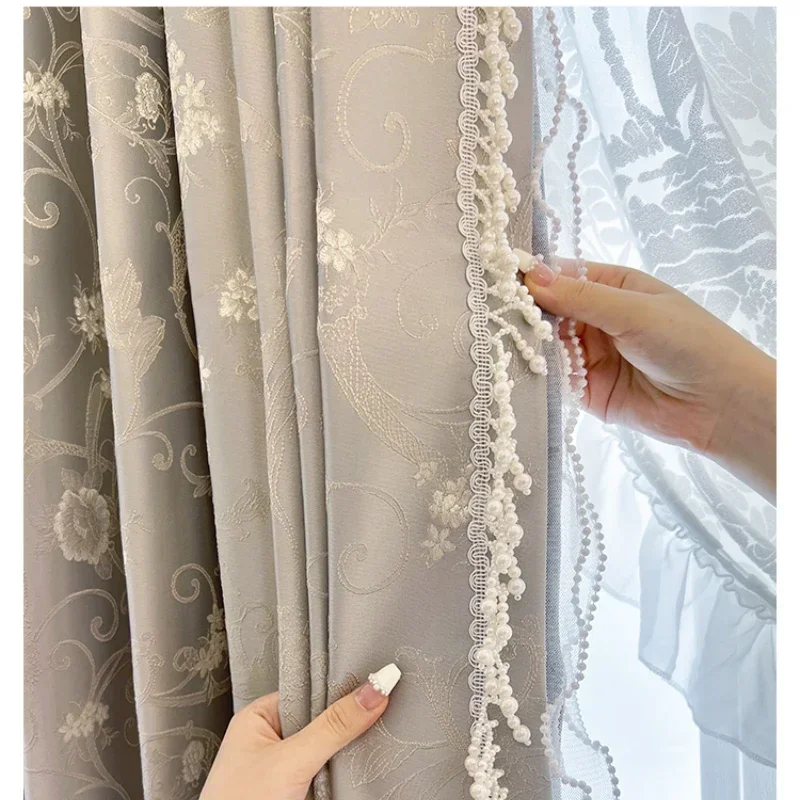 Custom Retro Lace Silver Grey Jacquard Pearl Stitching Luxury Curtains for Living Room Bedroom French Window Villa Blackout