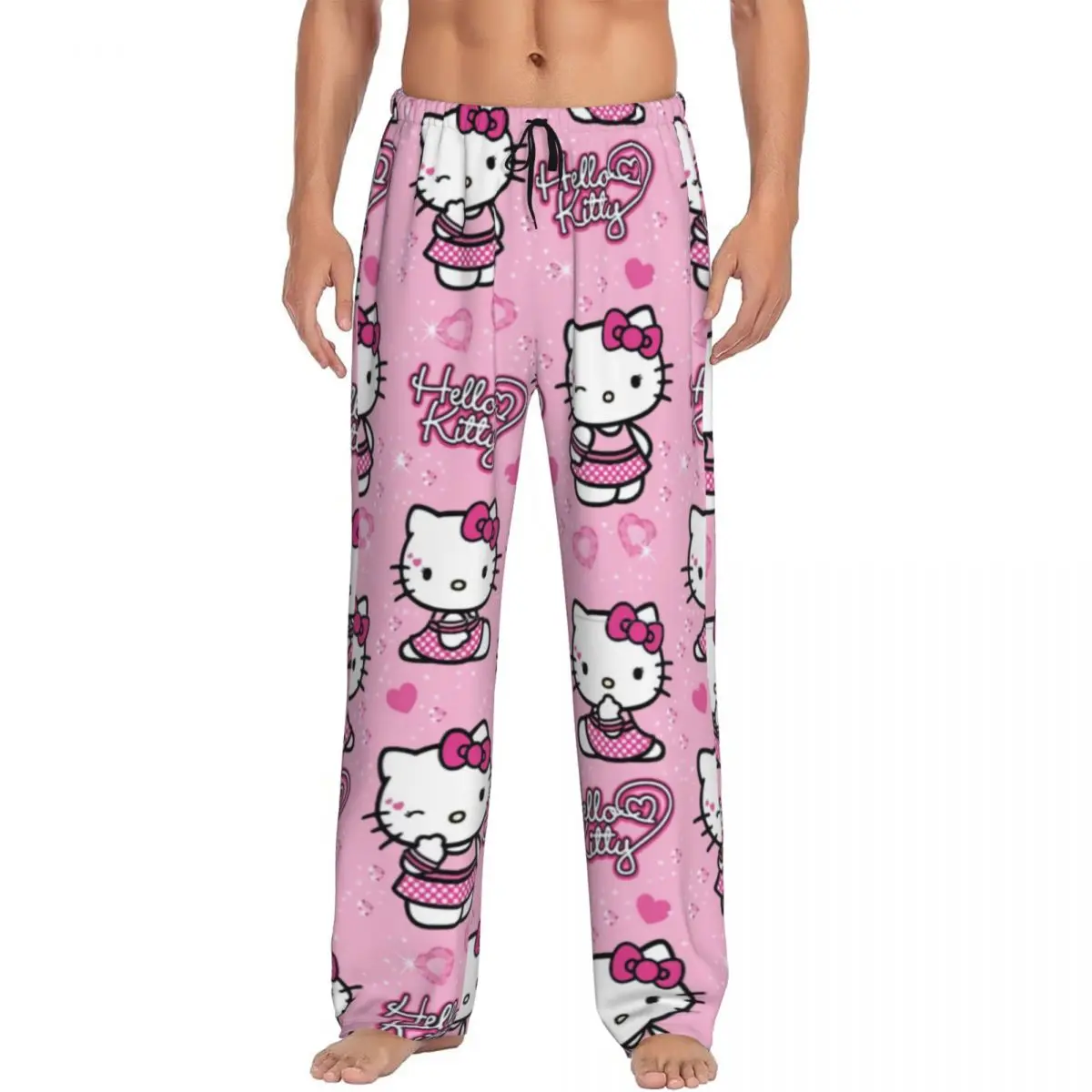 Custom Cartoon Anime Hello Kitty Bow Pajama Pants Sleepwear Men\'s Elastic Waistband Sleep Lounge Bottoms with Pockets