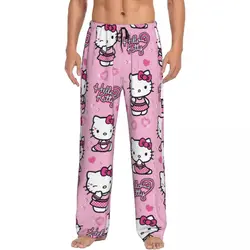 Custom Cartoon Anime Hello Kitty Bow Pajama Pants Sleepwear Men's Elastic Waistband Sleep Lounge Bottoms with Pockets