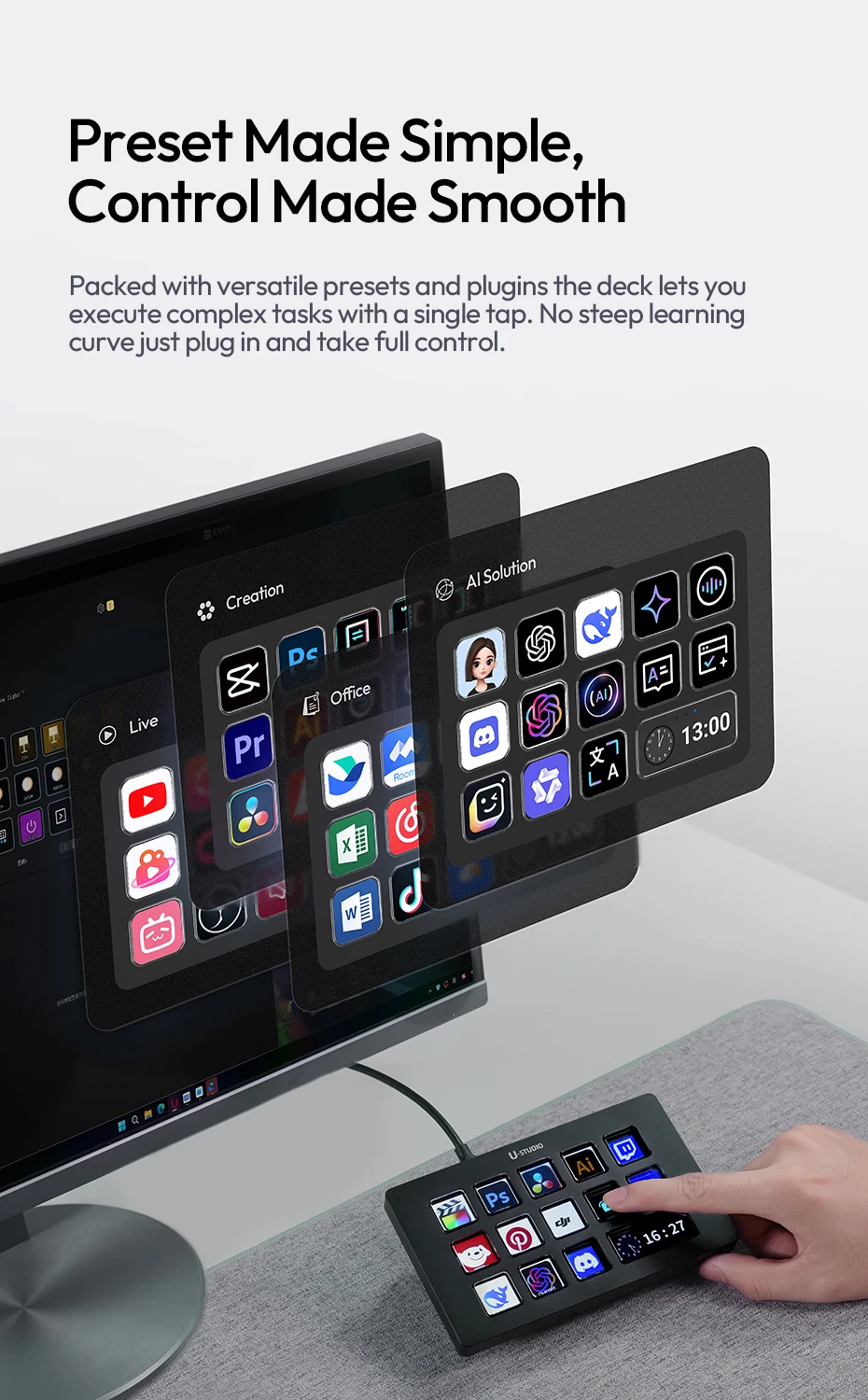 Ulanzi D200H Deck Dock Streaming-Controller 7-in-1 Dockingstation für Schreibtisch Intelligente Beleuchtungssteuerung Büroassistent Studio – Detail 4