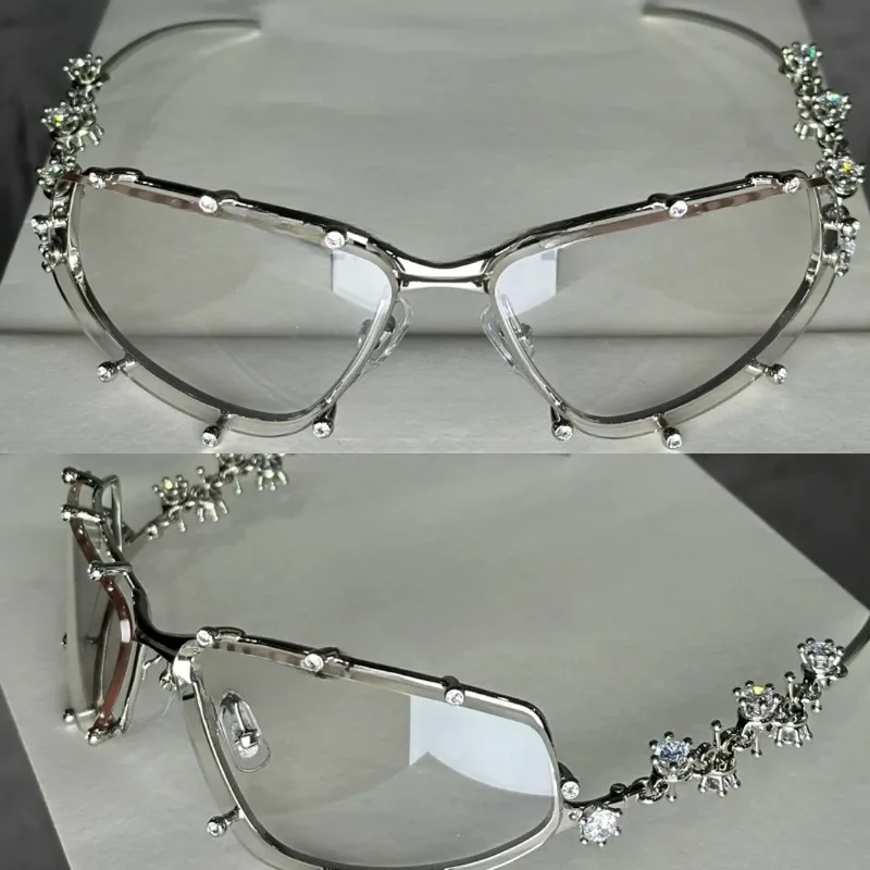 Rhinestone Special-shaped Glasses Women Men Fashion Oversized Cat Eye Glasses Metal Oval Shades Frame Vintage Party Eyeglasses