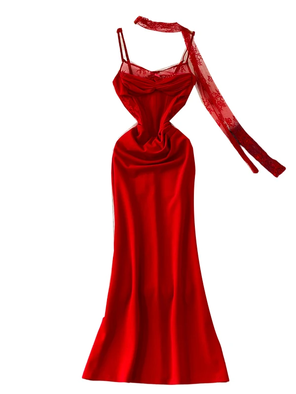 الرغبة النقية الدانتيل المرقعة Strapl طويل الدكتور المرأة عالية الخصر Fibone التخسيس Sa ألف خط ثوب سهرة رسمية الدكتور #5