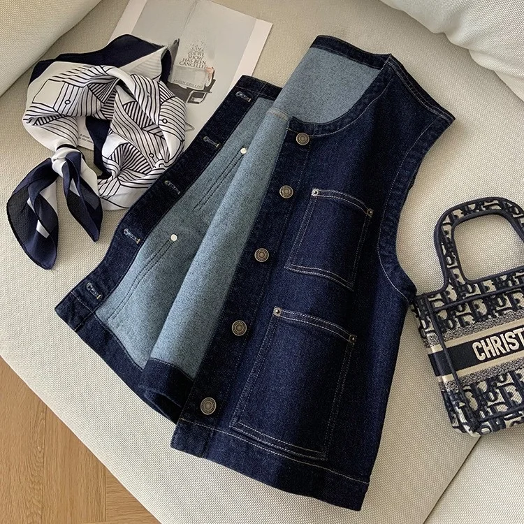Faionable Deep Blue redondo Ne ort Denim Vest Feminino Verão High-End Sensation Layering Versátil Svel Tank Top Ja...
