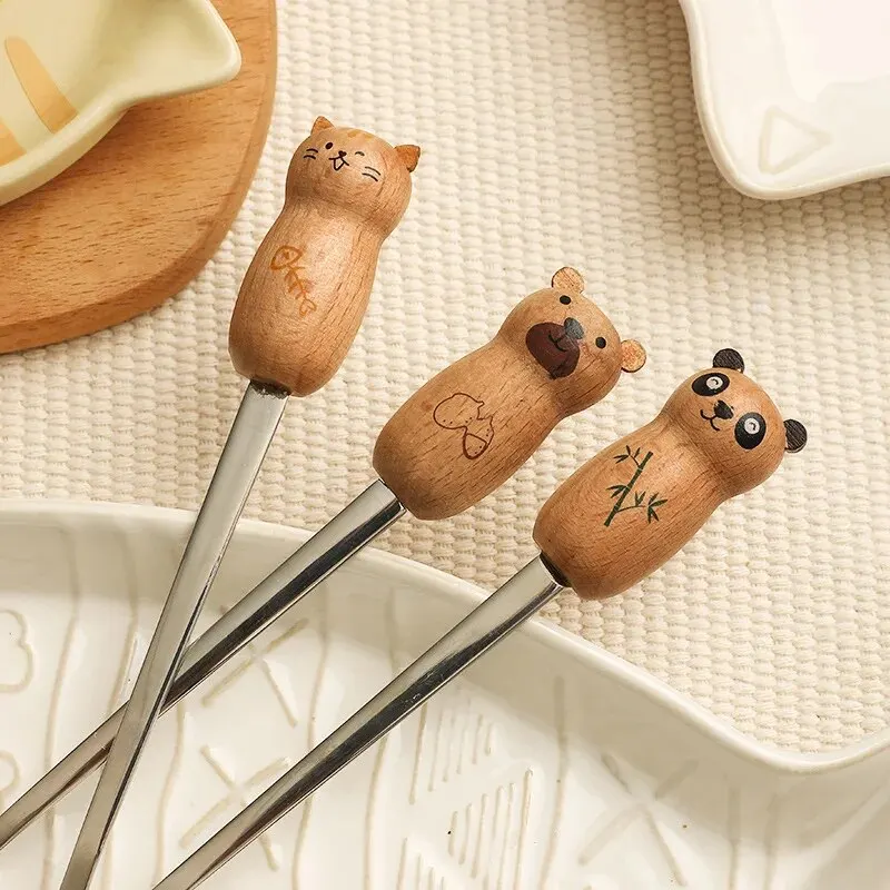 3pcs/set 430 Stainless Steel Creative Cartoon Cute Wooden Handle Tableware Dessert Spoon Coffee Stirring Spoon Fruit Fork