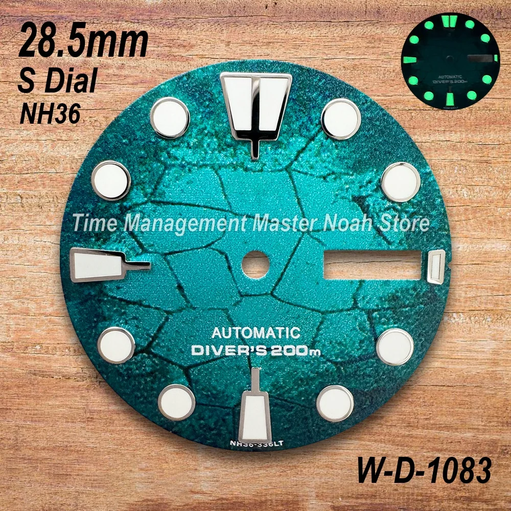 28,5 mm S-Logo-Tauchzifferblatt für NH35/NH36/4R/7S-Uhrwerke C3, grün leuchtende Baumblätter, mechanisches Uhrenmodifikationszubehör