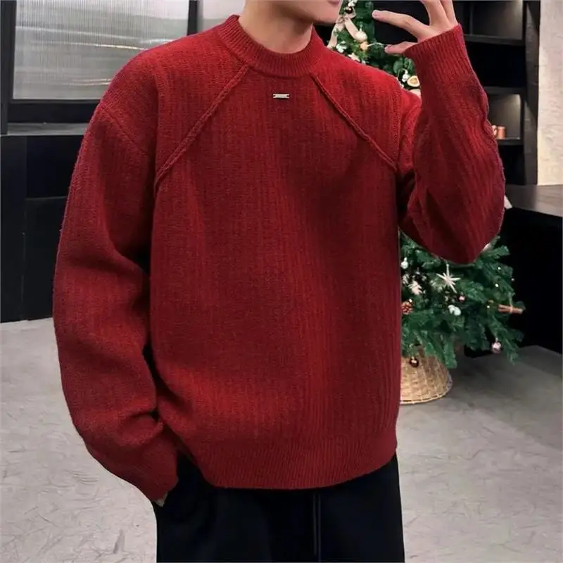 

Красный вязаный свитер ручной работы, зимний, высококачественный, теплый, мужской, модный, повседневный, с металлической биркой, лимитированная серия к Новому году