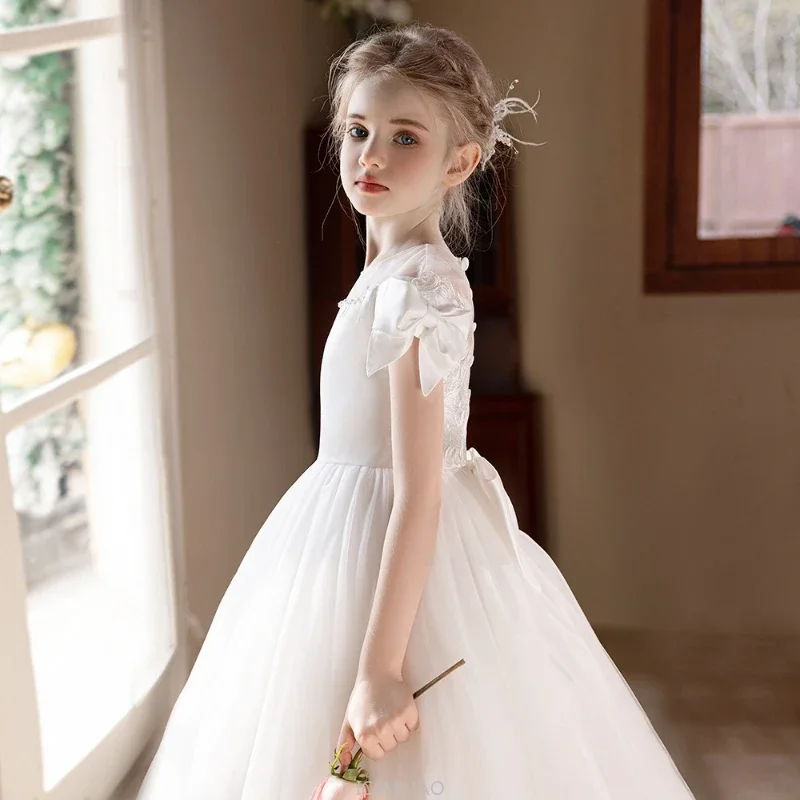 

Wed Dress 2025 White Teen Girls Wedding Dress Tulle Ball Evening Gown Party Wear CostumeGown Big Bow Bridesmaid Dresses Formal