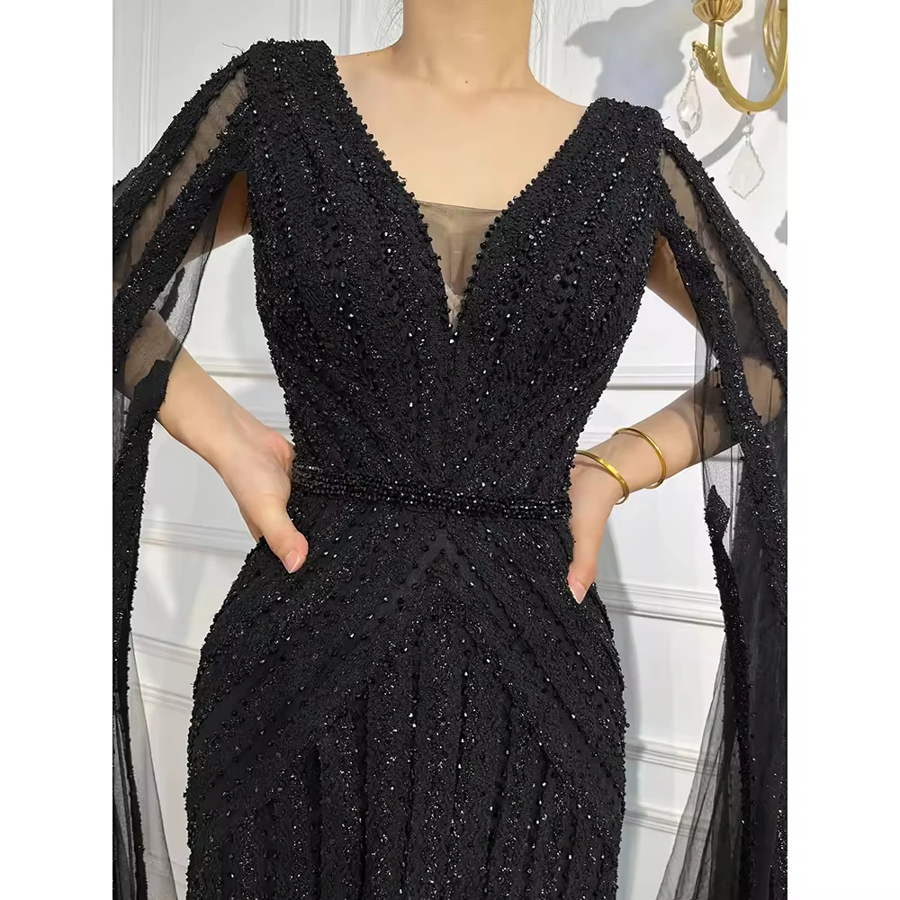 Simin Black Arabic Cape Sleeves Luxury Beads Evening Long Dresses Serene Tulle Mermaid V-Neck Formal Party Gowns For Women