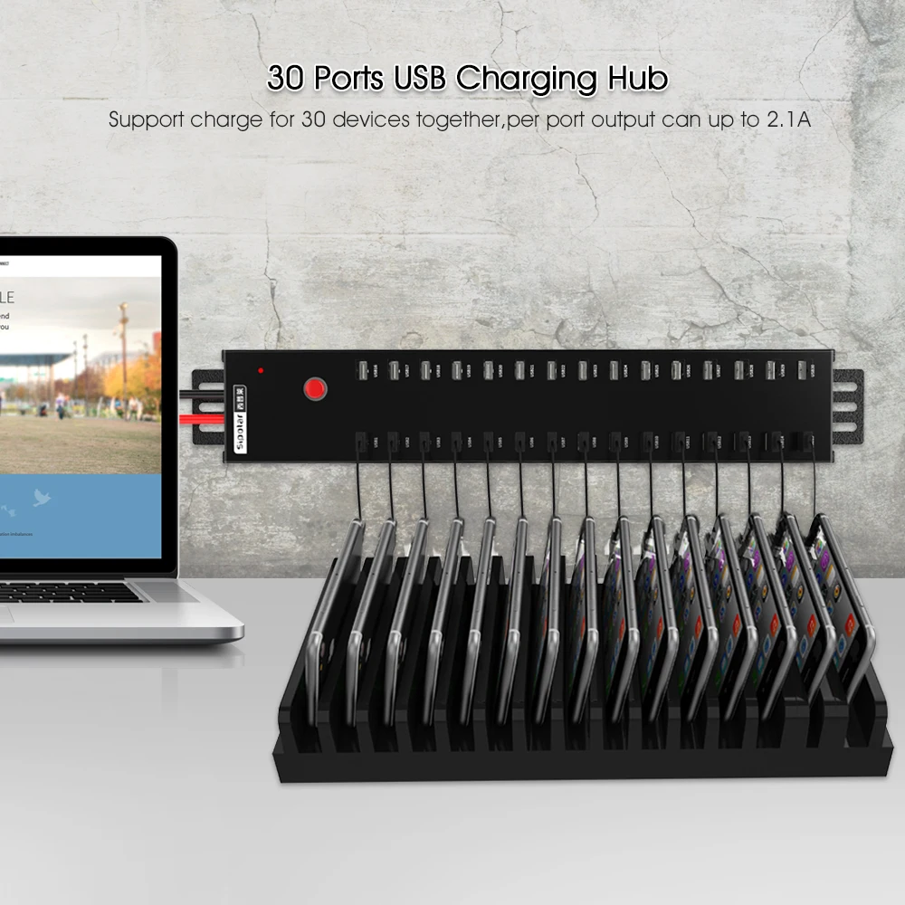30 Port Metal USB Charging Hub with Over-Current Protection for Multiple Device Charging