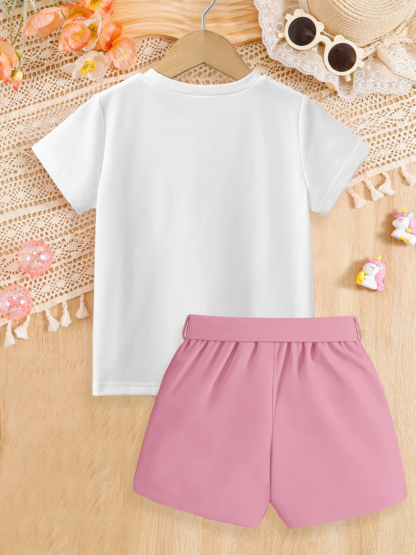 2 pieces: Cartoon Small Flower Print Girls Summer T-shirt Woven Bow Shorts Sweet Set