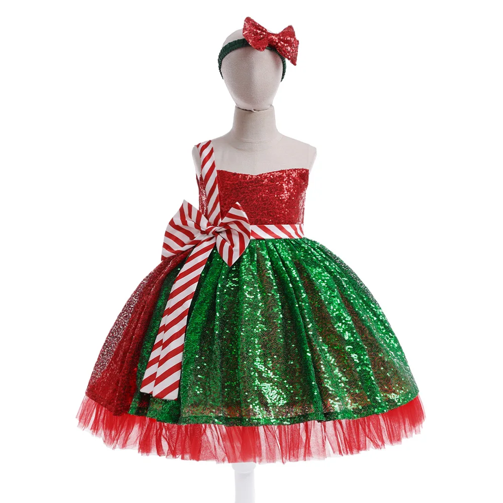 Girls Sequin Big Bow Christmas Party Dress Kids Striped Lace Festival Dresses Young Red Green Carnival Princess Gown 2pcs Wear