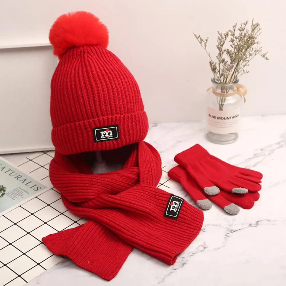 Winter Hat Scarf Glove Combo Kids Winter Accessories Set Hat Scarf Gloves Plush Ball Decor Knitted Windproof Warm for Boys