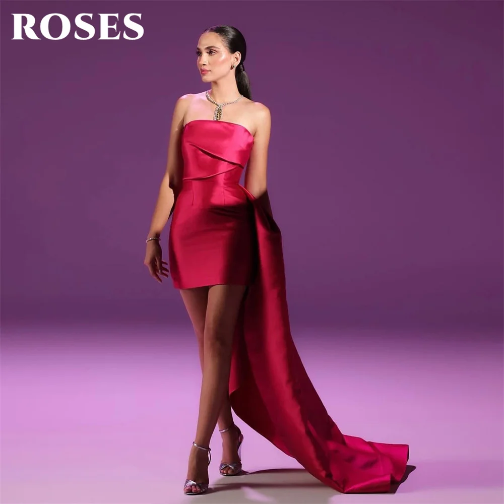 ROSES Magenta Satin Formal Gown Strapless High Low Mini Prom Dresses with Drape Evening Dress Slim Fit Modern Style Customized