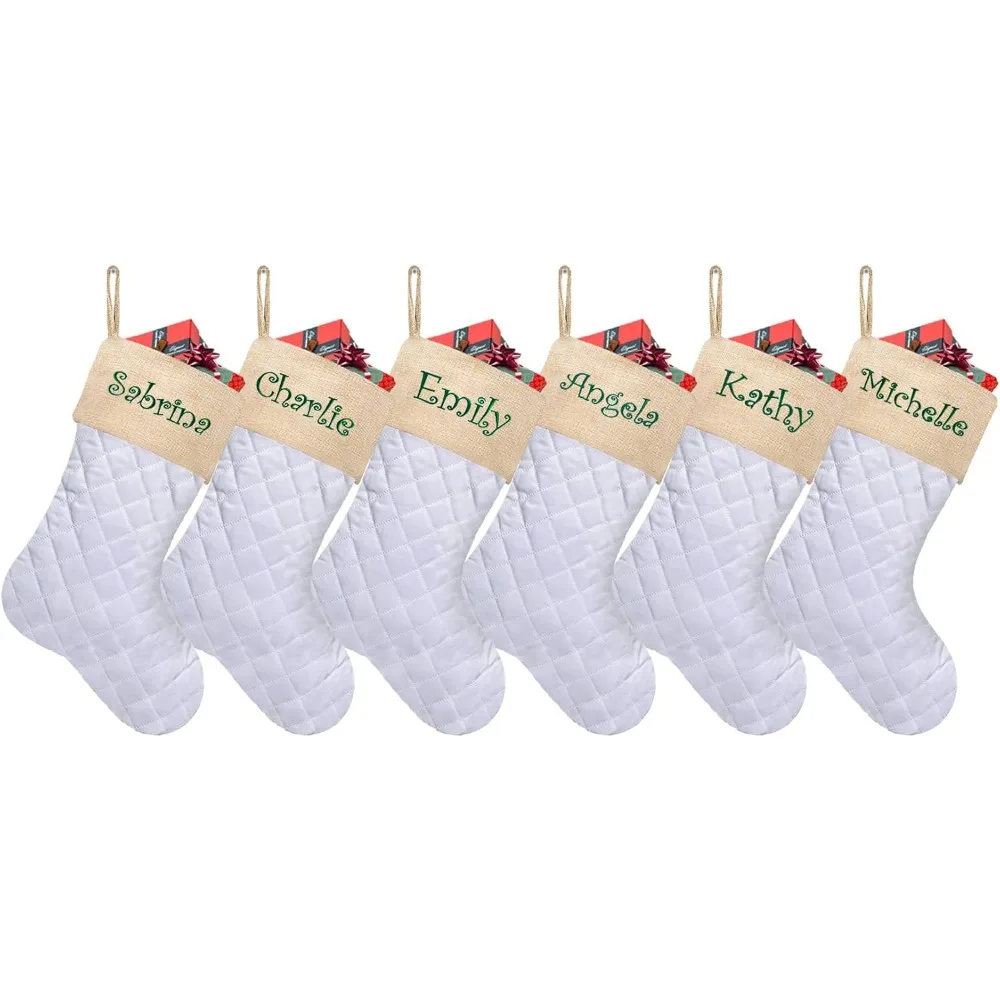 Personalized Christmas Stockings Set of 6 Cotton Quilted Large Luxury Burlap Embroidered Christmas Stocking