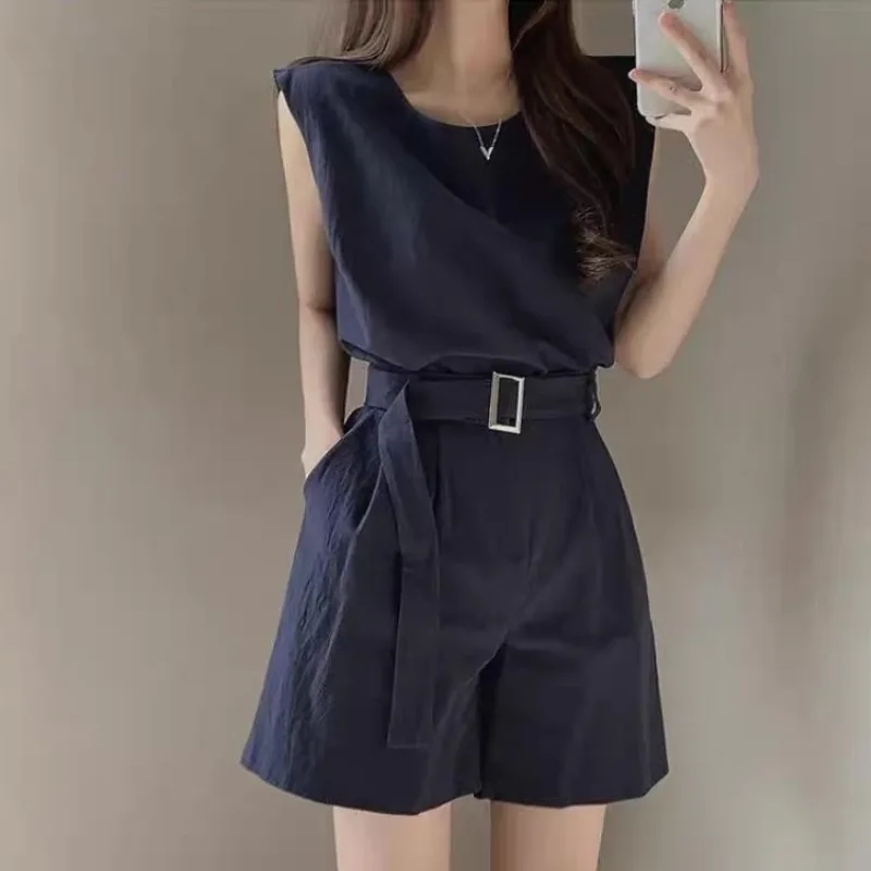 Chic Retro Faion Cotton Linen Svel Vest Top Loose orts Two Piece Set Women's round Ne Pullover Summer Outfit