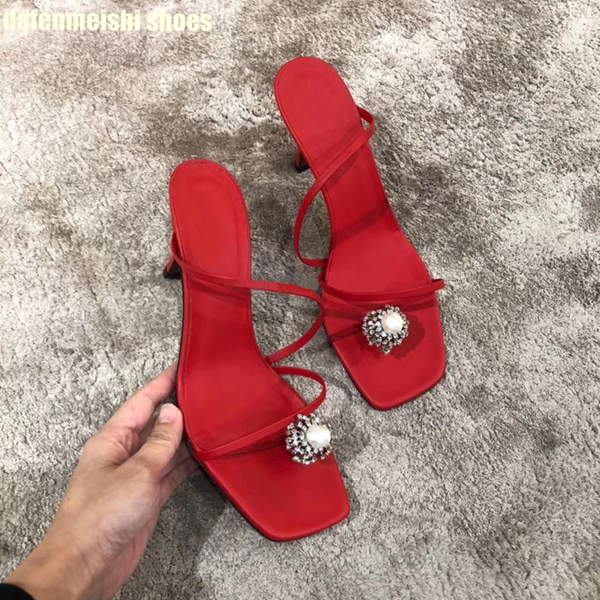 Crystal Bling Bling Women Toe Set Slippers Slip On Square Toe Sexy Thin Heel Sandals 2024 Summer New Fashion Slides