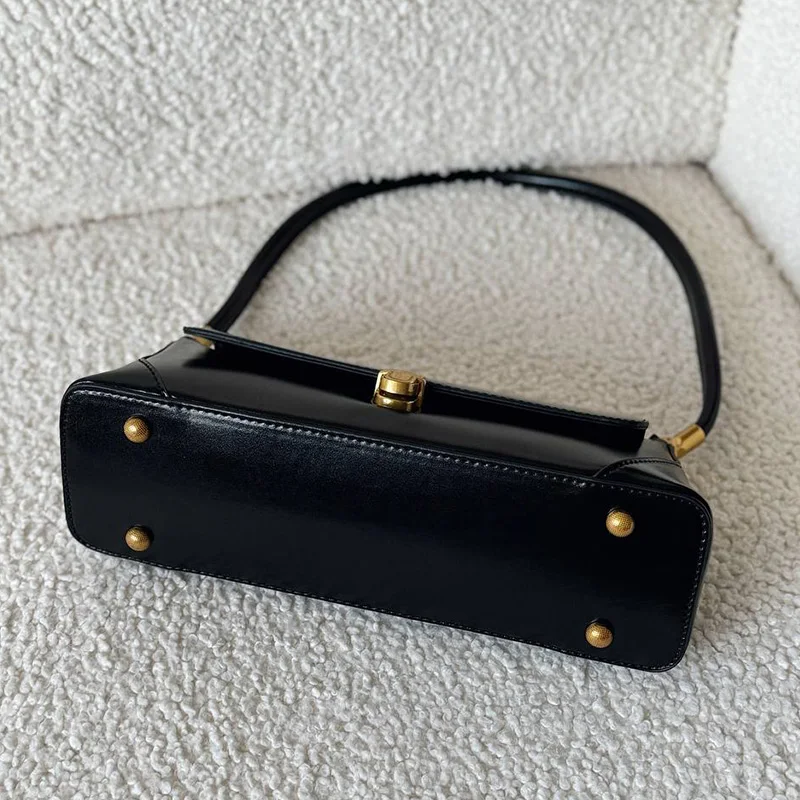 French Vintage Bags Women Split Leather Underarm Bags Rivet Decor Buckle Closure Handbag for Female 2035