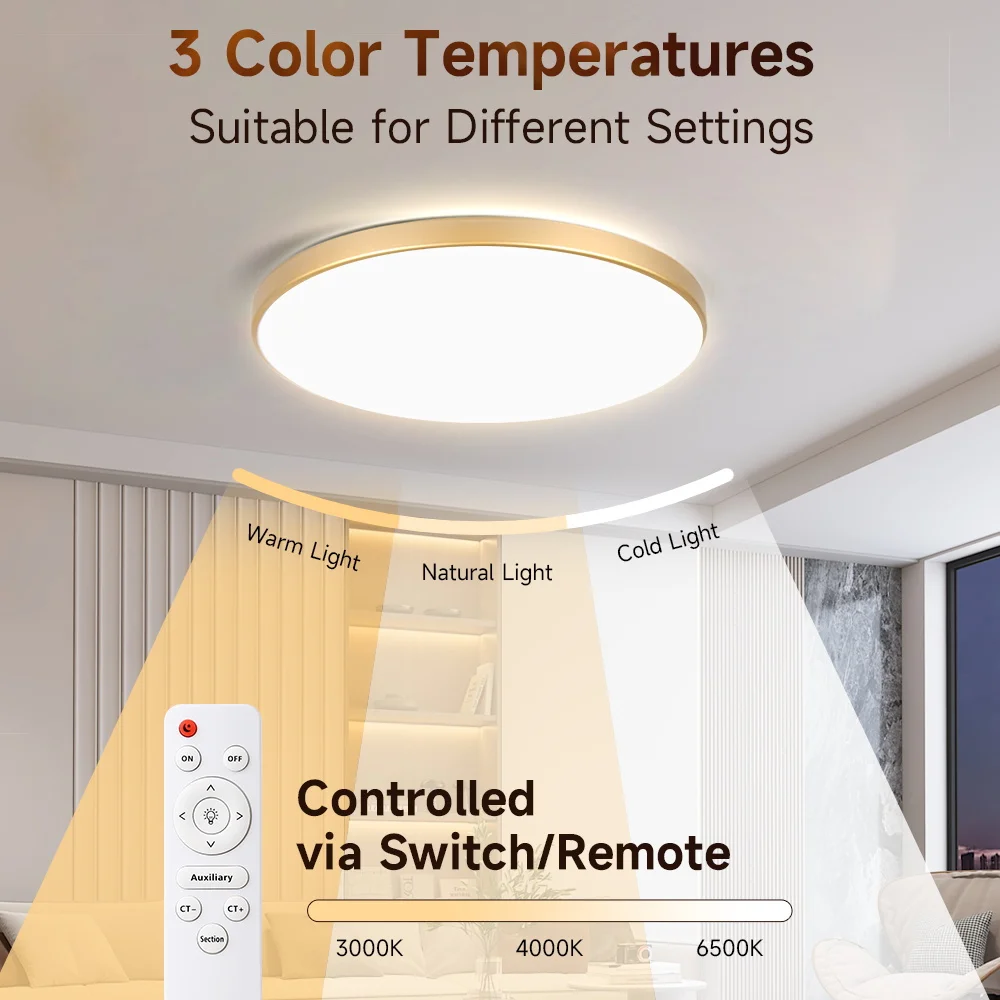 

220V PP Material Round LED Ceiling Light Remote Control Three Color Changing Indoor Home Bedroom Panel Lamp 30W/40W/50W