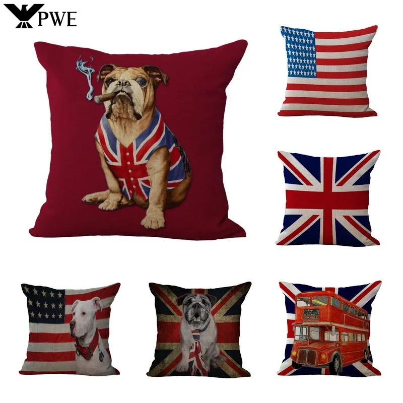 

Cozy Cushion Cover American & British Flags Pet Dog Printed Personality Square Throw Pillow Case Home Decorative Pillows 45x45cm