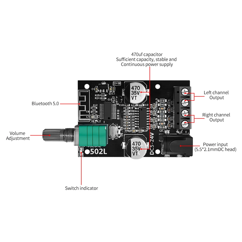 5Pcs  ZK-502L MINI Bluetooth 5.0 DC 5-24V Wireless Audio Digital Power amplifier Stereo board 50Wx2 Bluetooth Amp Amplificador