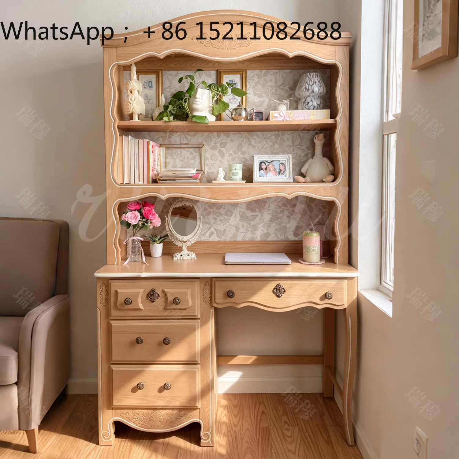 LLY medieval multi-functional solid wood desk retro carved storage bookcase home study independent writing desk