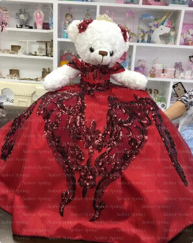 Red Teddy Bear Dress Lace Applique Personalized Sweetheart Flowers AppliquesQuinceanera Teddy Bear Dress Off The Shoulder