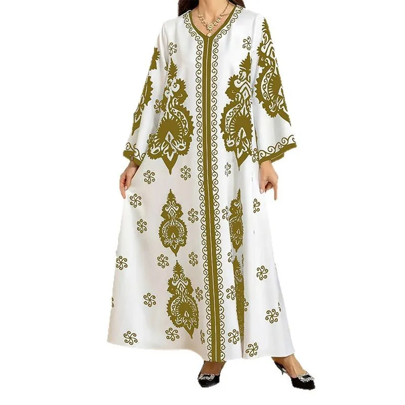 ชุดยาว Abayas ผู้หญิง Eid มุสลิมชุด Bronzing พิมพ์ V คอ Jalabiya อาหรับโมร็อกโกดูไบ Kaftan 2025 Vestidos Ramadan Robe