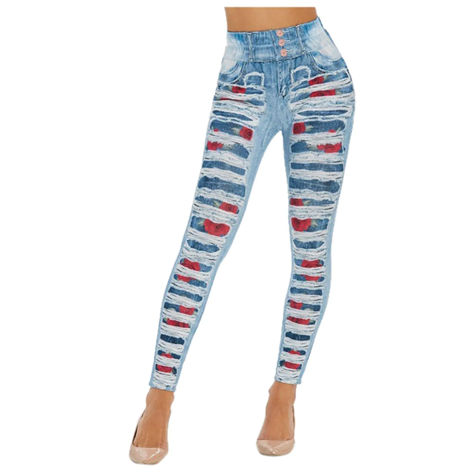 Faux Denim Leggings Ladies Hip Lift Rose Printed Leggings Pants Women Fashion Sports Comfortable Yoga Slim Fit Leggings Women