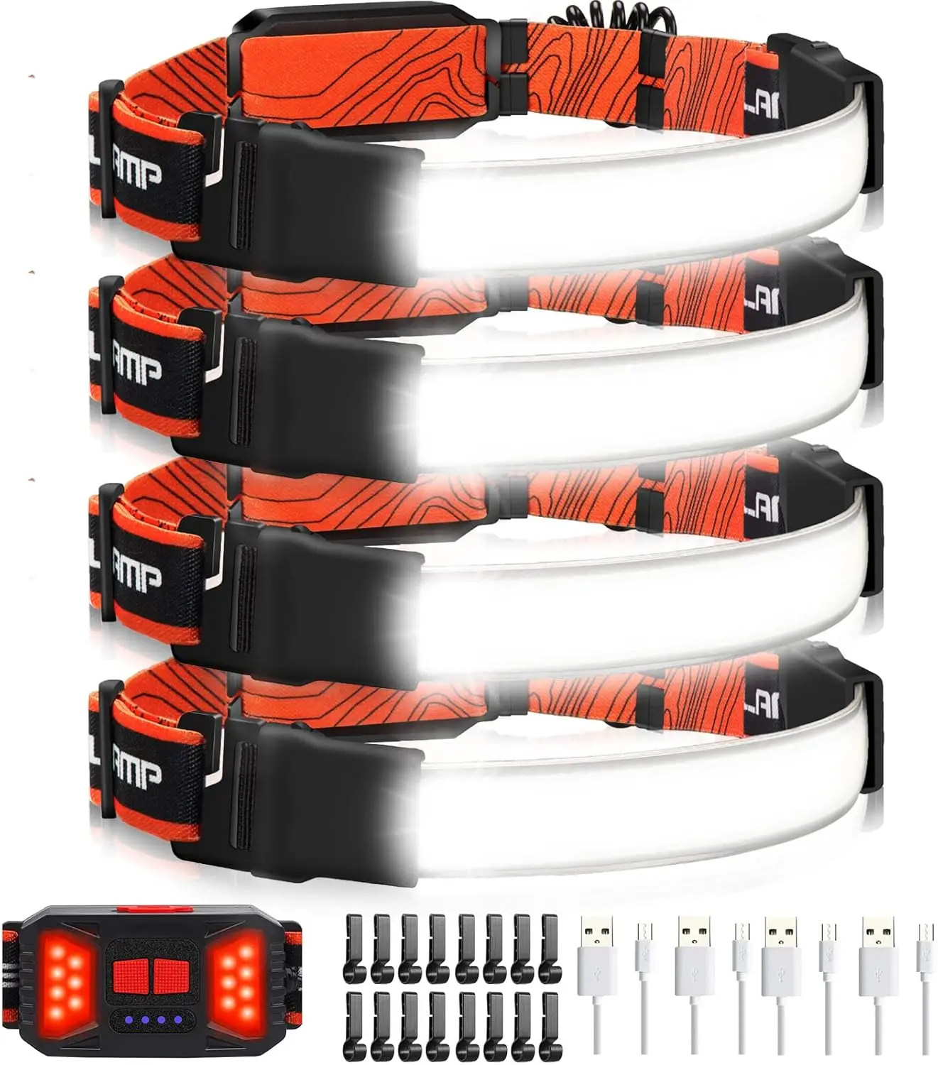 

1000LM Rechargeable LED Headlamp, 4-Pack with Red Taillight & Clips for Running Hiking Camping