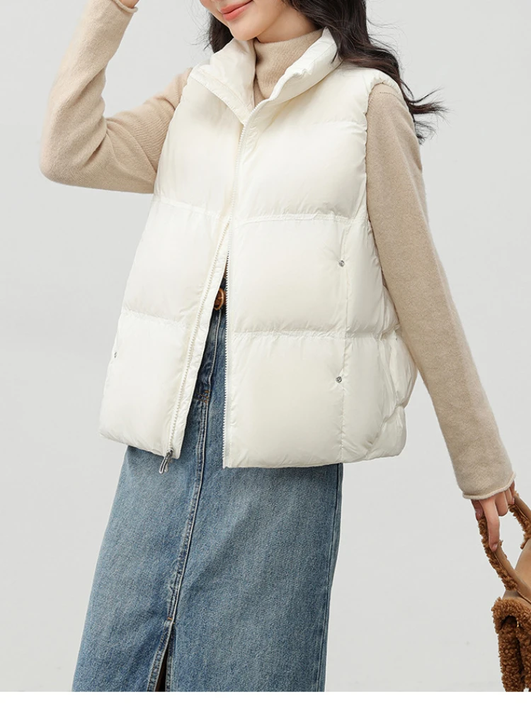 Autumn Winter Women Down Jacket Sleeveless Cardigan Vest White Duck Down Warm Puffer Jacket Chic Design Short Tops Zipper Pocket