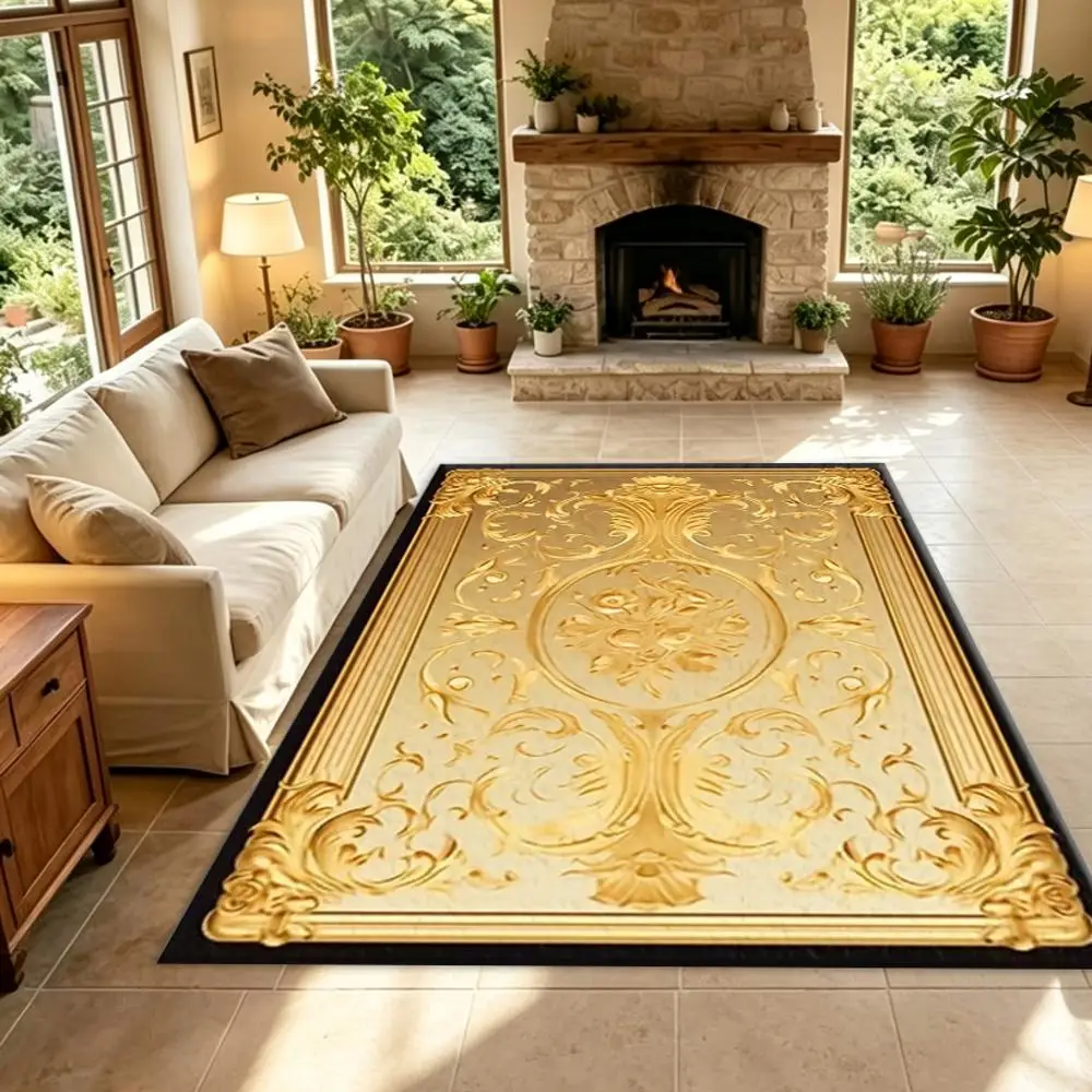 Golden Embossed Floral Baroque Carpet Flooring, Classic European Luxury Decor Floor Rug