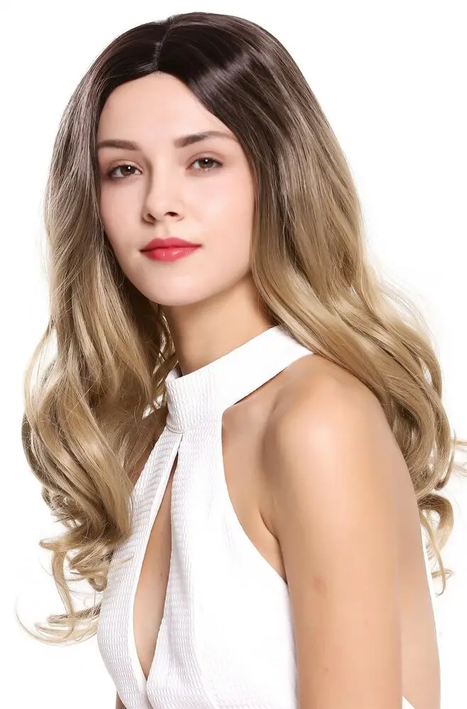 Perruque longue ondulée pour femme, partie médiane ombrée, mélange brun foncé, blond