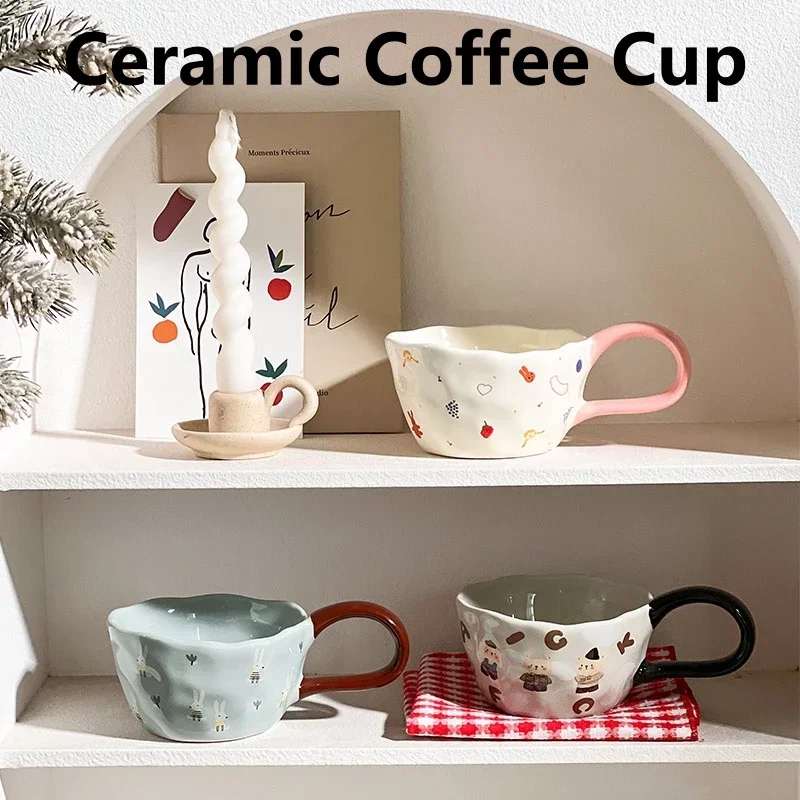 300ml Hand-painted Flower Ceramic Coffee Cup Cute Style Print Porcelain Handmade Breakfast Milk Juice Tea Chocolate Handle Mug