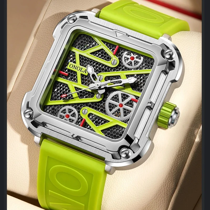 

ONOLA 3831 Brand Classic Men's Automatic Mechanical Layered Square Dial Waterproof Silicone Strap Watches for Man Reloj Hombre