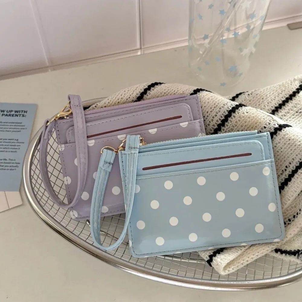 Ultra Light Polka Dot Card Holder Ultra Slim PU Leather Minimalist Coin Purse Zipper Multi Card Slots Women Mini Wallet Backpack