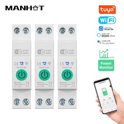 Tuya WiFi Smart Circuit Breaker 1P+N 63A Din Rail Switch With Electricity Statistics Remote Voice Control For Alexa Google Home