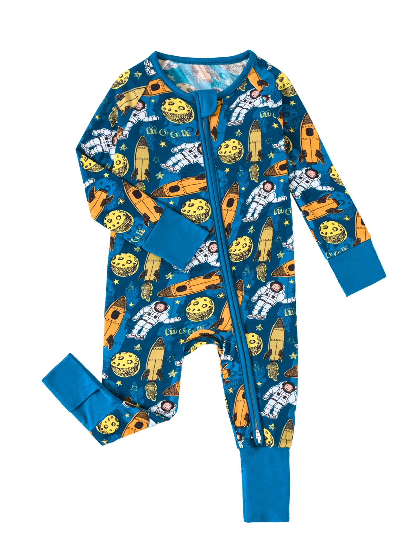 Baby romper made of soft and breathable bamboo fiber fabric with rocket and moon prints reversible foot covers double zippers