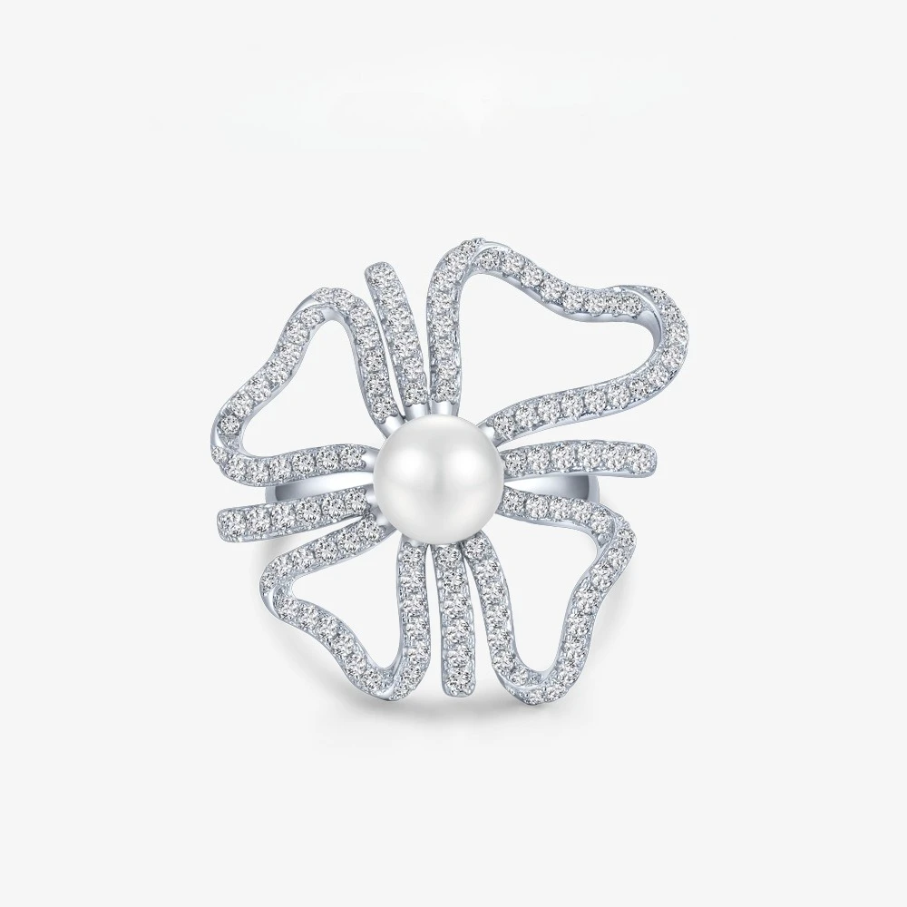 

Natural Pearl Hollow Silver Ring with Full Set of Diamonds and Adjustable Opening for Ins Style S925 Silver New Wedding Jewelry