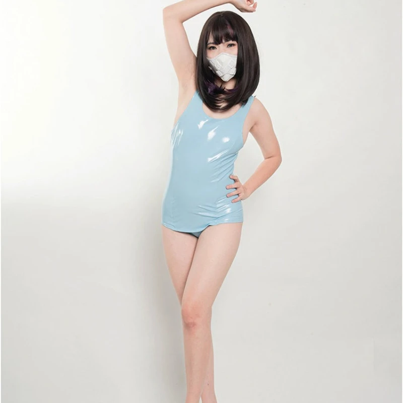 Unisex Glossy Patent Leather One Piece Swimsuit, Sleeveless School Bodysuit,Flat Chest Cosplay Costume for Party and Photography