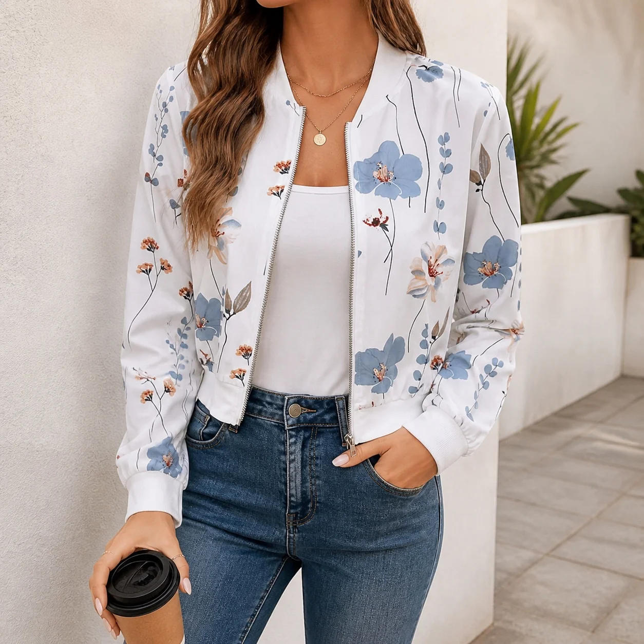 Women's Spring Autumn Demi-Season Medium Weight Loose Fit Knit Jacket with 3D Floral Print Zipper Front Collarless Long Sleeve