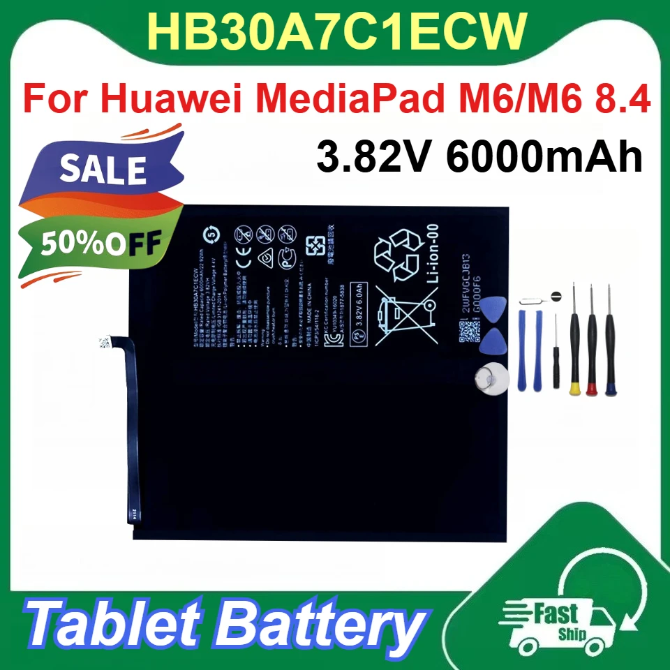 

HB30A7C1ECW 3.82V Li-ion Polymer Tablet Battery 6000mAh Capacity for Huawei MediaPad M6/M6 8.4 Rechargeable Batteries +Tools