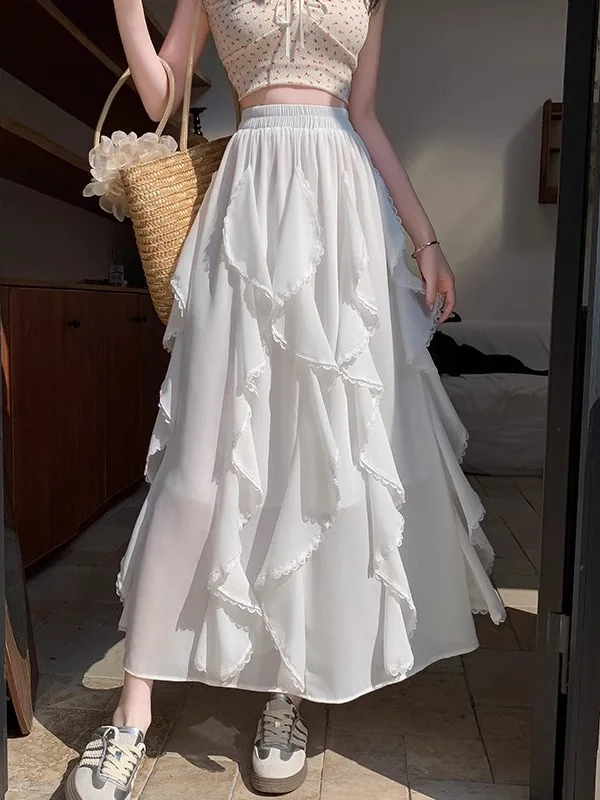 

Новая женская летняя юбка миди А-силуэта с высокой талией, асимметричным подолом, свободного кроя, из полиэстера, белая, коллекция 2026